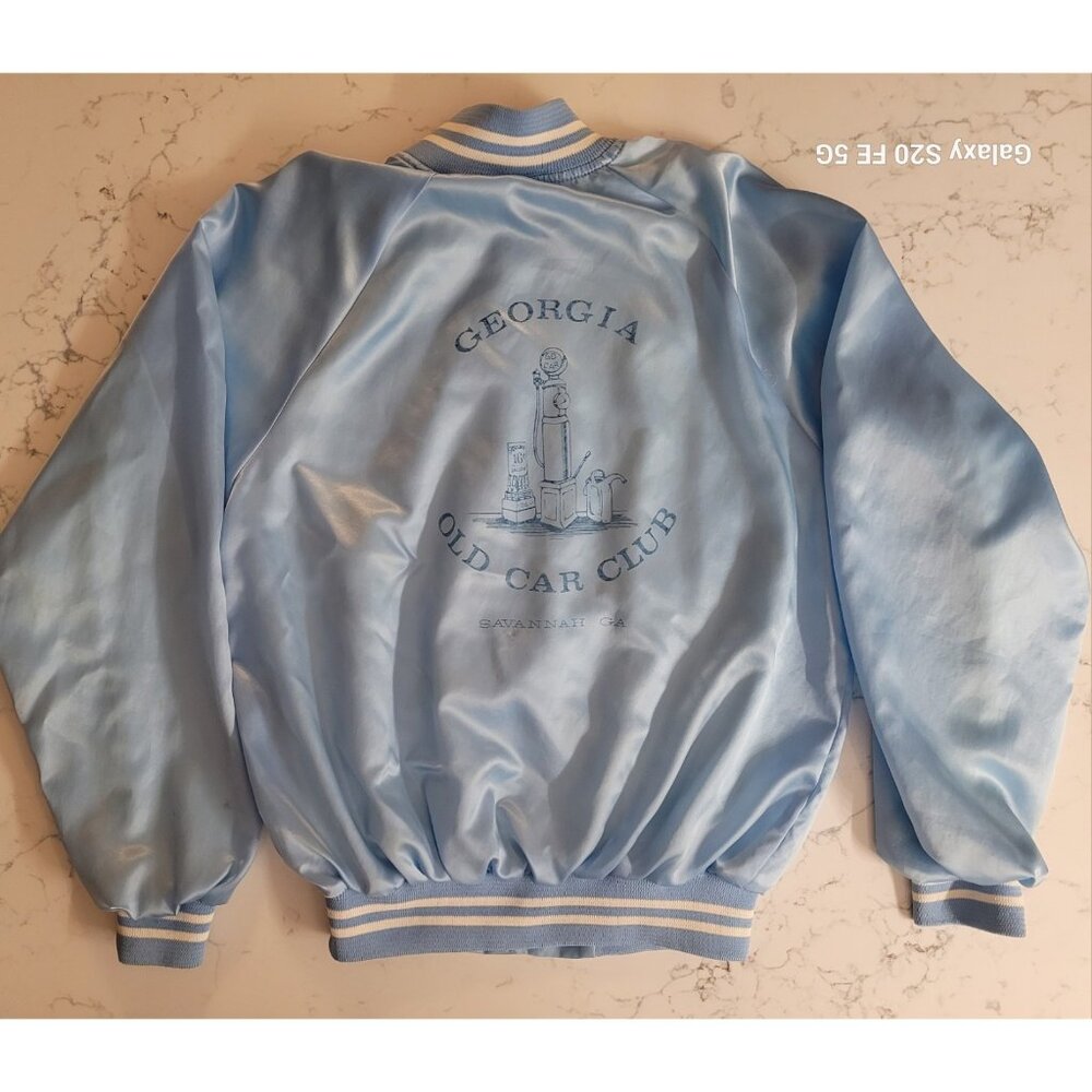 Vintage Blue Satin Jacket Savannah GA Car Club Jacket Men Medium Snap Button USA